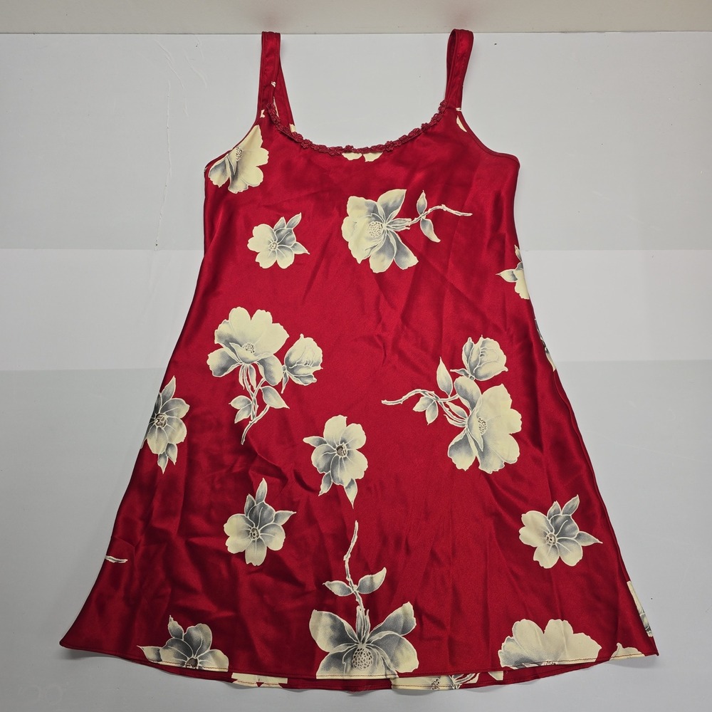 California Dynasty‎ Vintage Red Floral Satin Nightgown Slip Dress Chemise Small